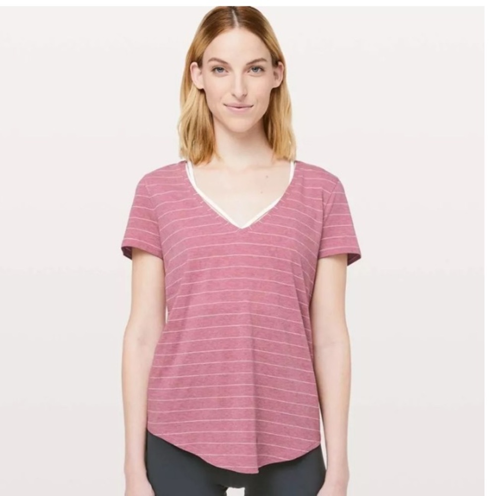 lululemon athletica Pink Striped V-Neck Short Sleeve Tee